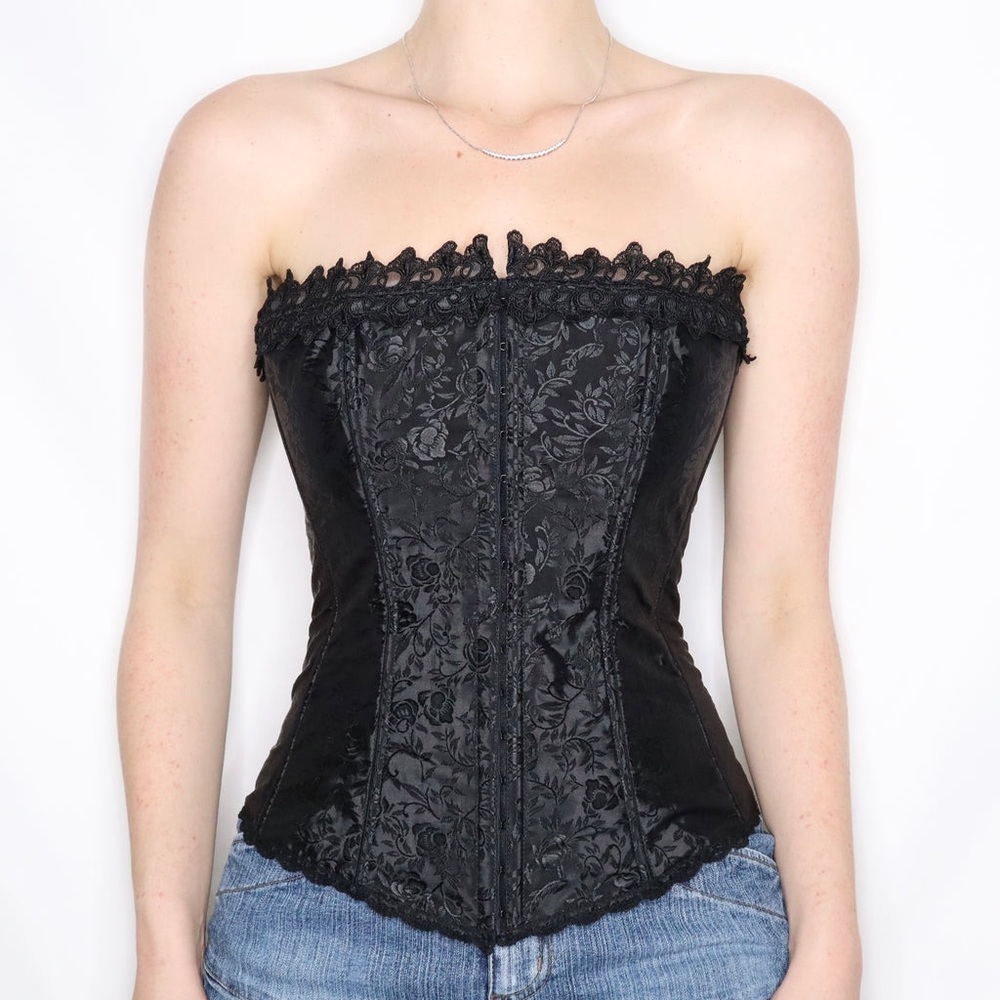 Shirley of Hollywood Y2K Vintage Black Silky Floral Print Lingerie Corset sz 38